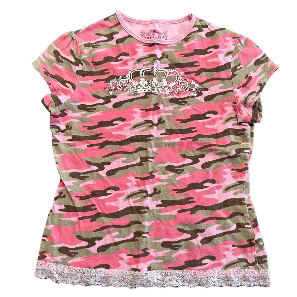 VTG Y2K Arizona Girls Pink Camo Crown Bling Lace Baby Tee Shirt L 14/16 McBling